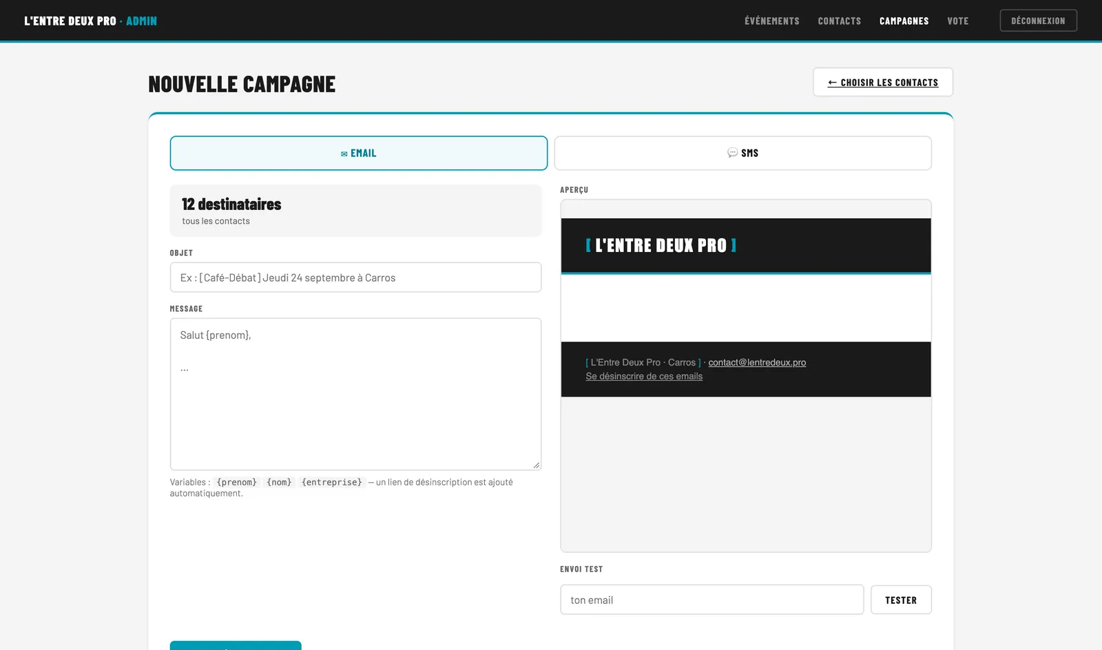 Administration : nouvelle campagne e-mail avec destinataires, objet, message et aperçu