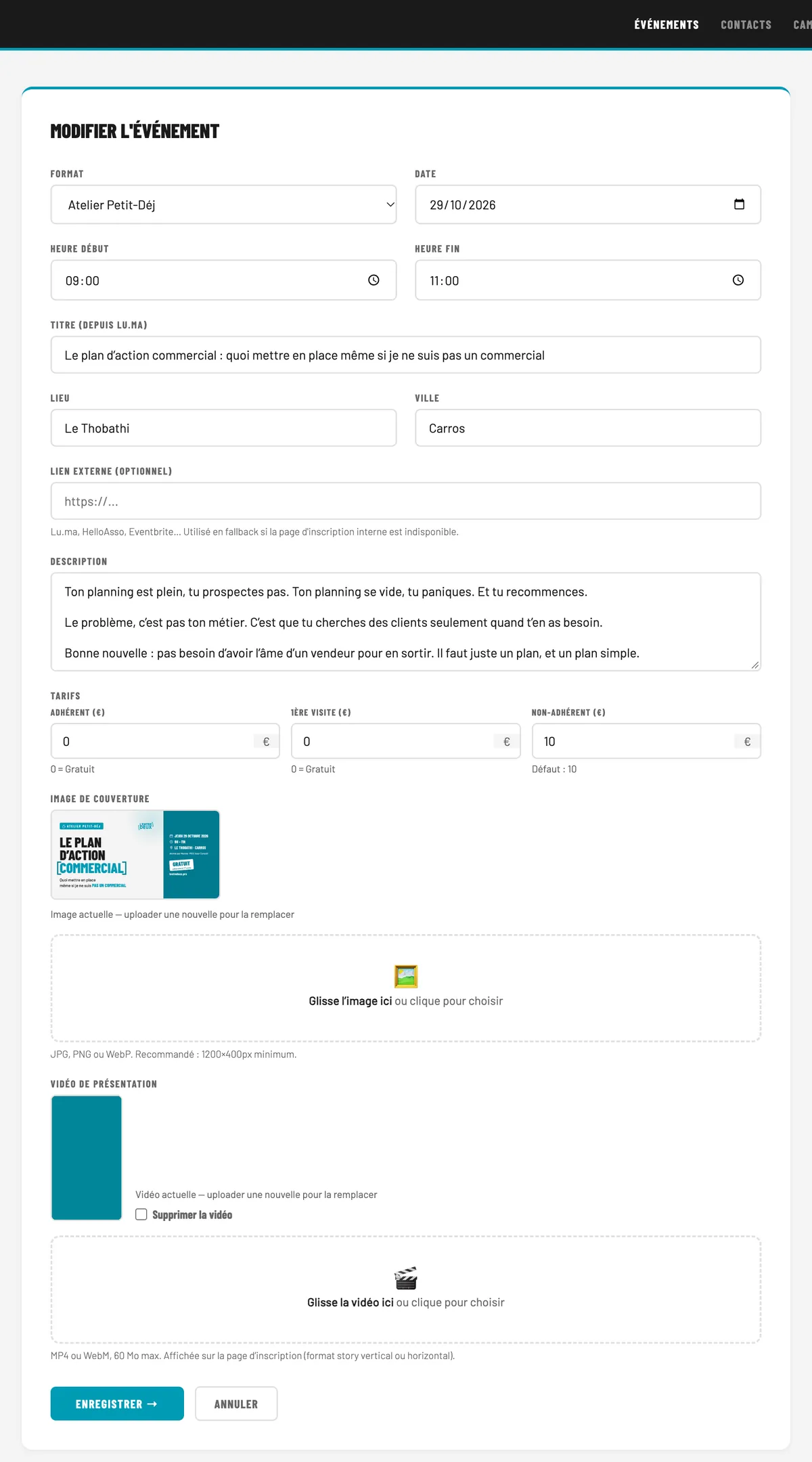 Administration : formulaire d'un événement, tarifs par statut, image de couverture et vidéo par glisser-déposer