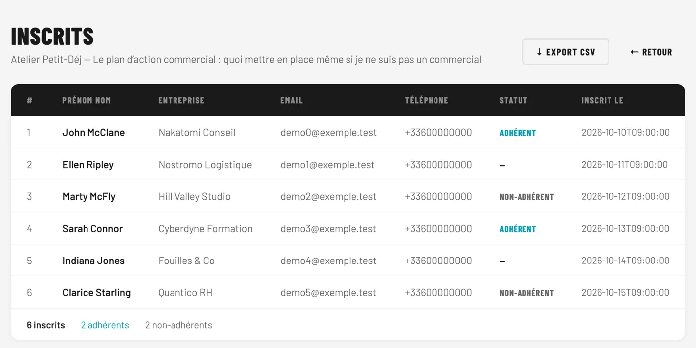 Administration : tableau des inscrits à un événement avec leur statut et export