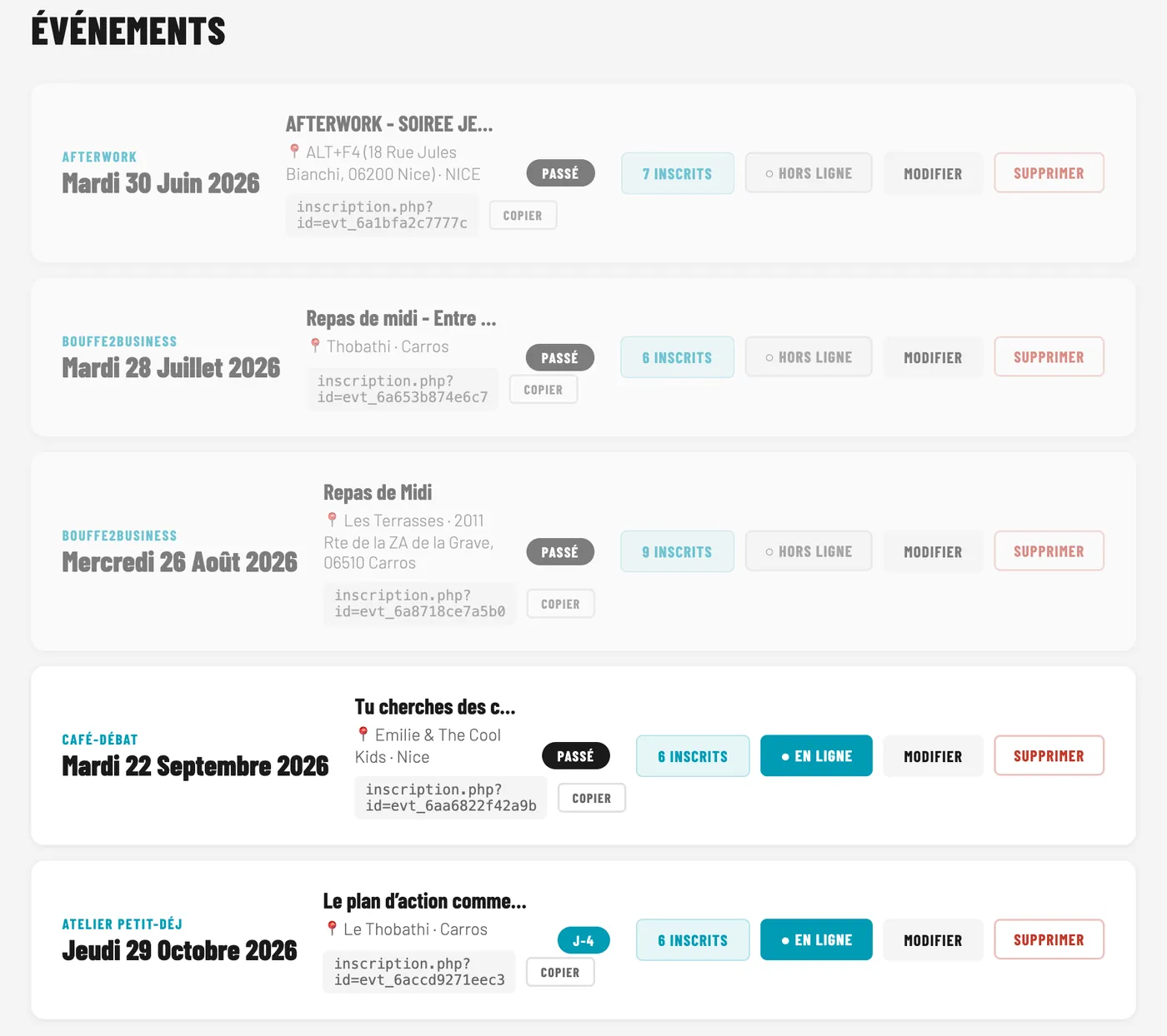Administration : liste des événements avec inscrits, bouton En ligne ou Hors ligne, modifier et supprimer