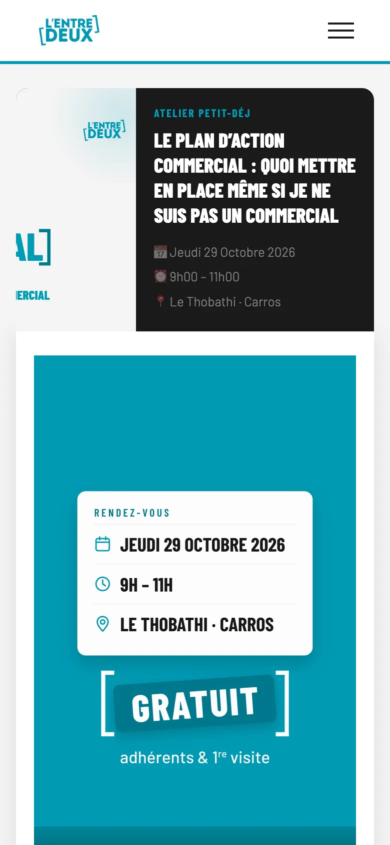 Page d'inscription à l'Atelier Petit-Déj sur un téléphone, avec la vidéo de présentation