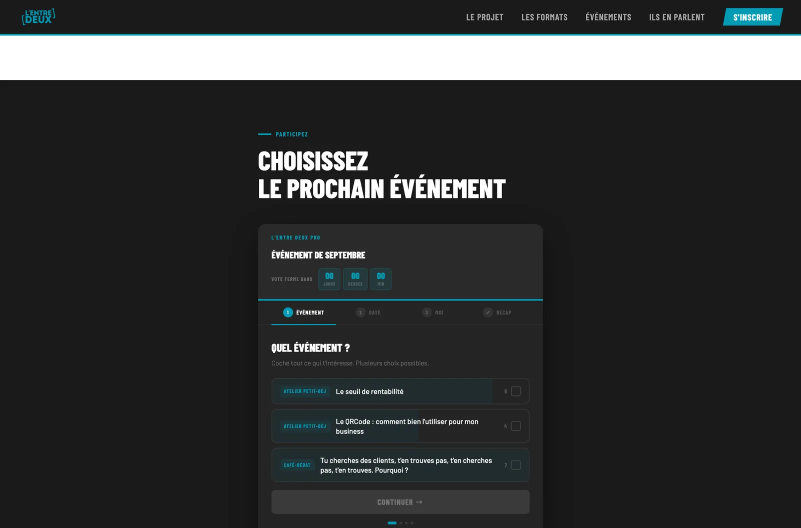Page de vote : choisissez le prochain événement, avec compte à rebours et liste de sujets
