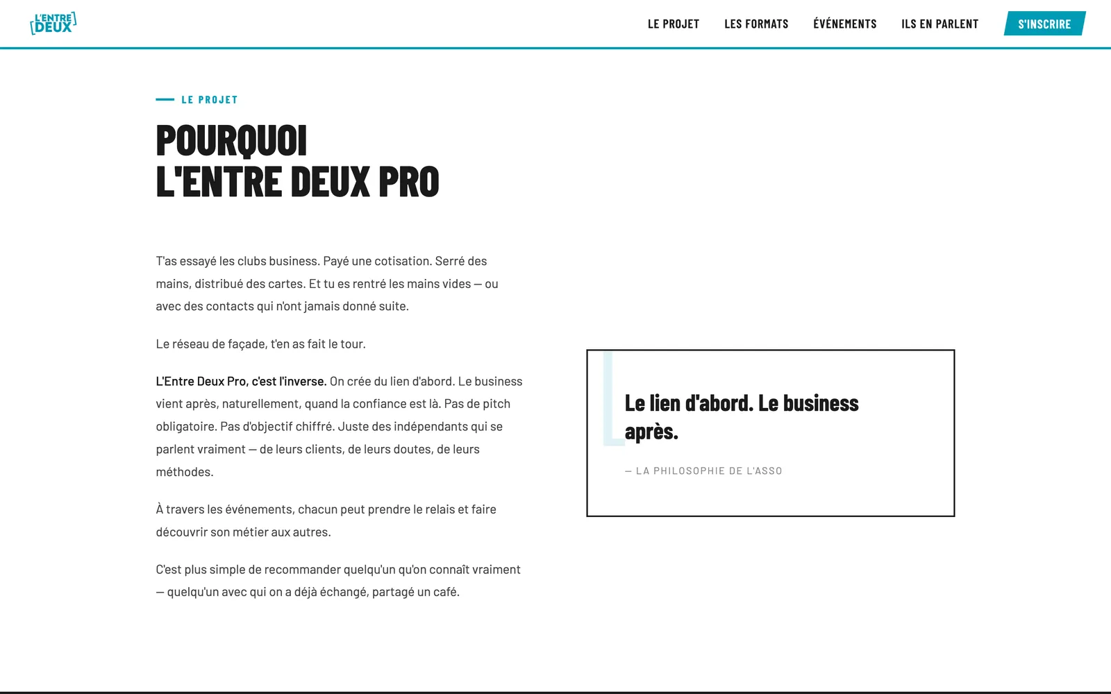 Section « Pourquoi L'Entre Deux Pro » : le lien d'abord, le business après