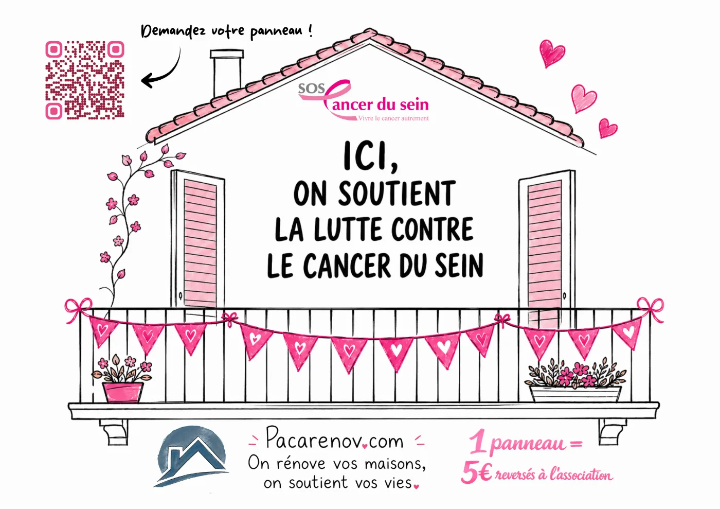 Affiche Octobre Rose : ici, on soutient la lutte contre le cancer du sein, 1 panneau = 5 € reversés à l'association