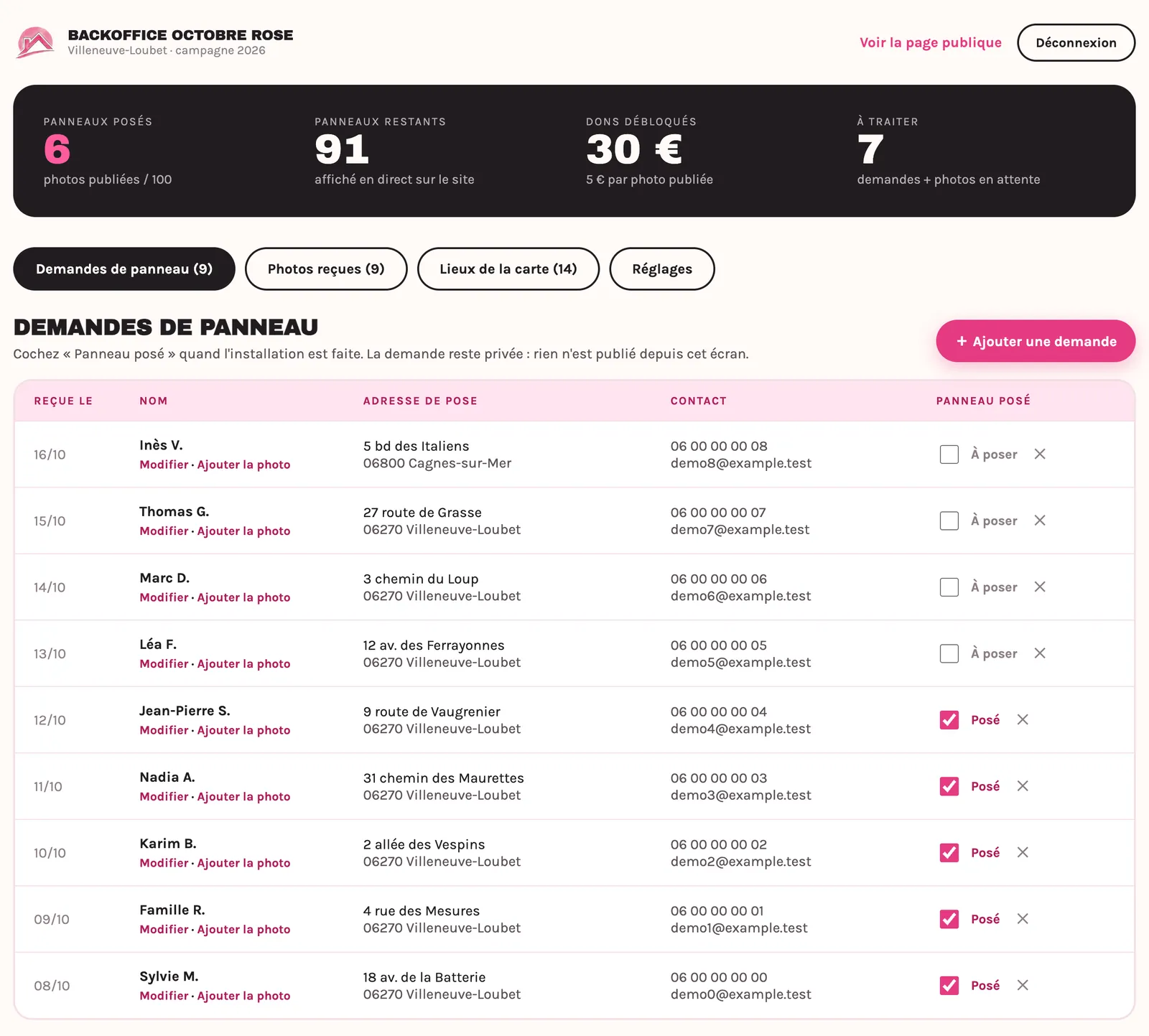 Backoffice : tableau des demandes de panneau avec la case « Posé »