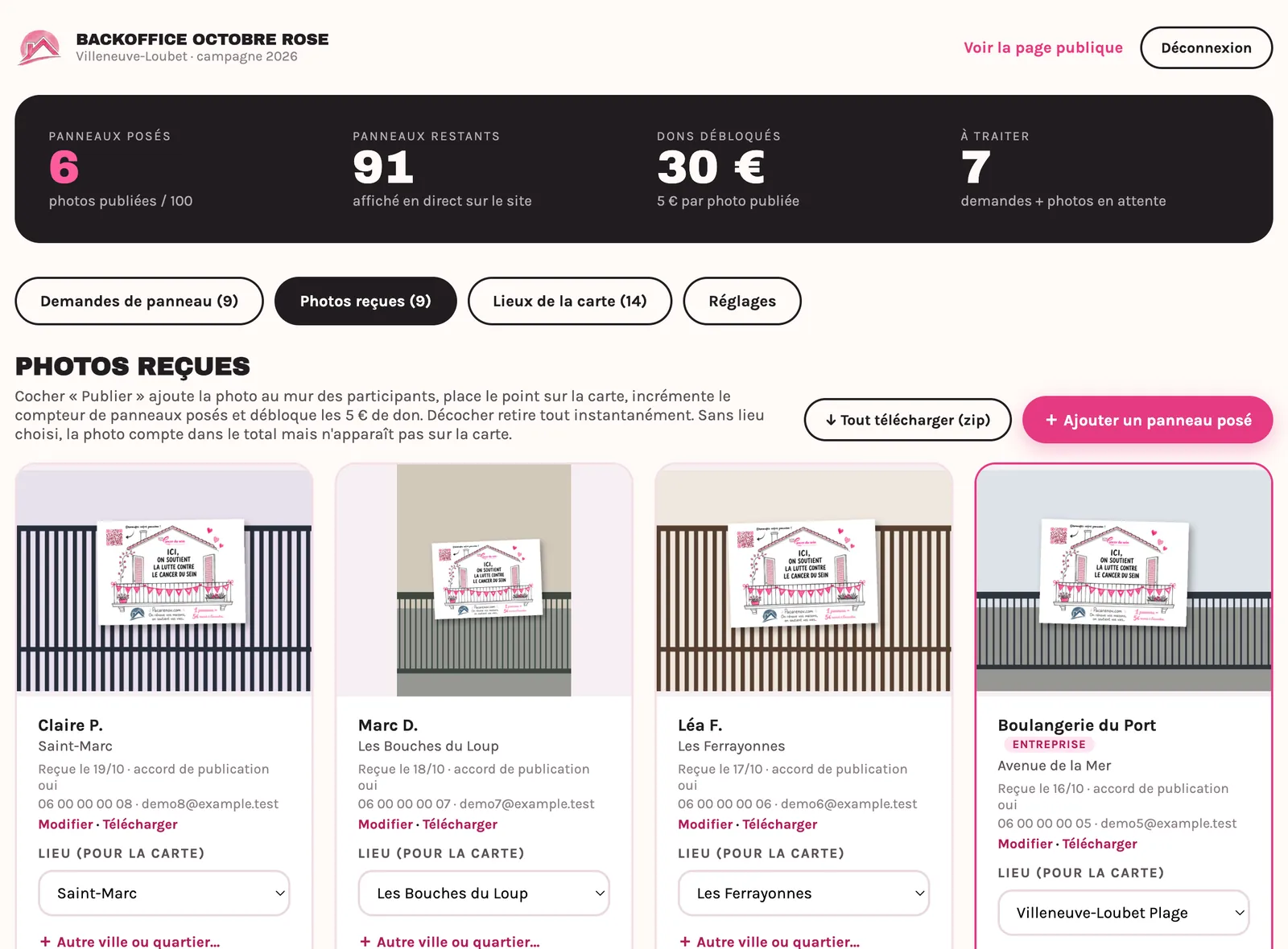 Backoffice : cartes des photos reçues, avec le lieu pour la carte et la case « Publier sur la page »