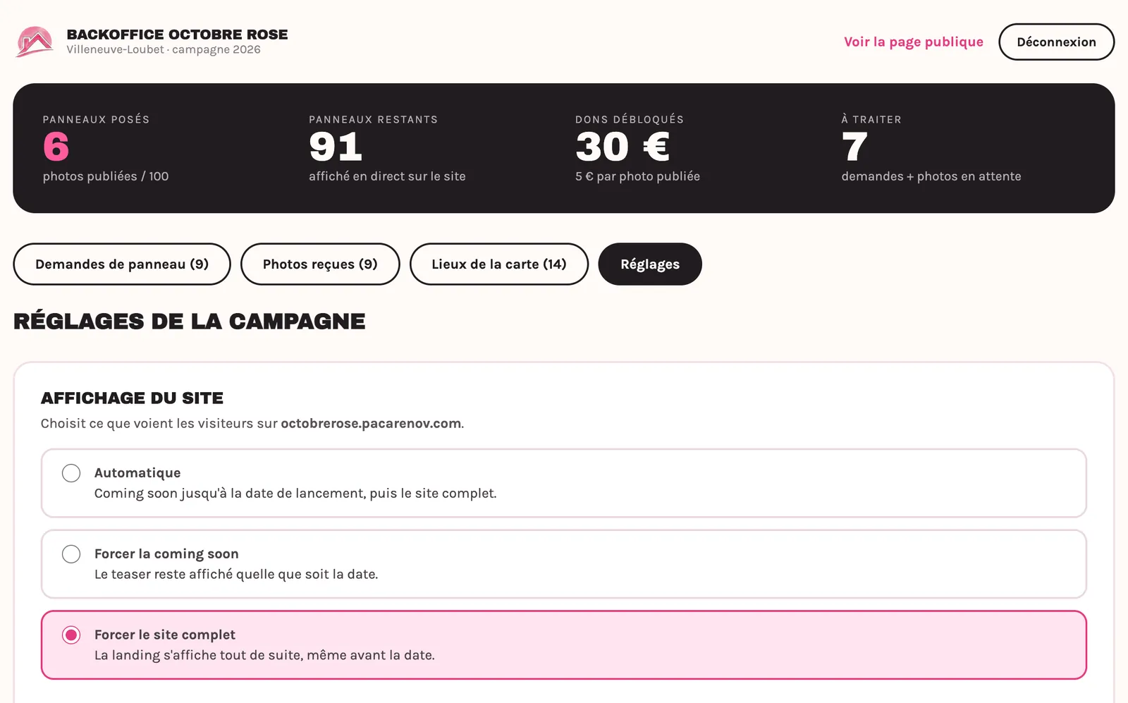 Backoffice : réglage de l'affichage du site, automatique, page d'attente ou site complet