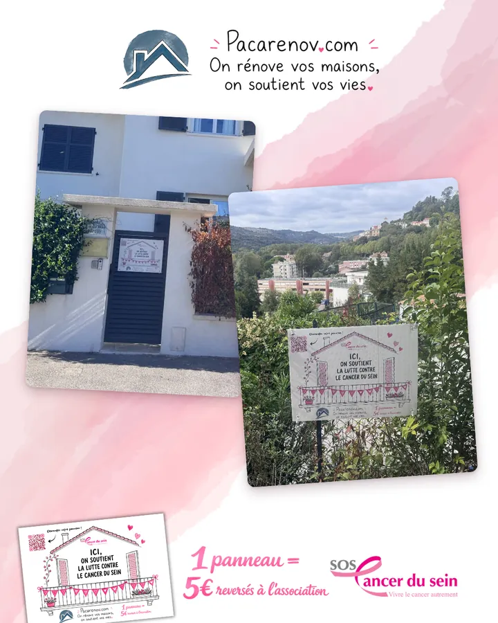 Visuel réseaux sociaux : deux panneaux Octobre Rose posés sur un portail et une clôture