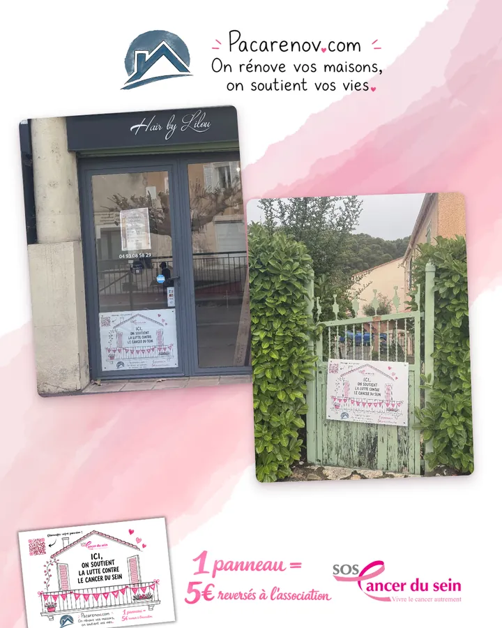 Visuel réseaux sociaux : panneaux Octobre Rose chez une habitante et chez un salon de coiffure