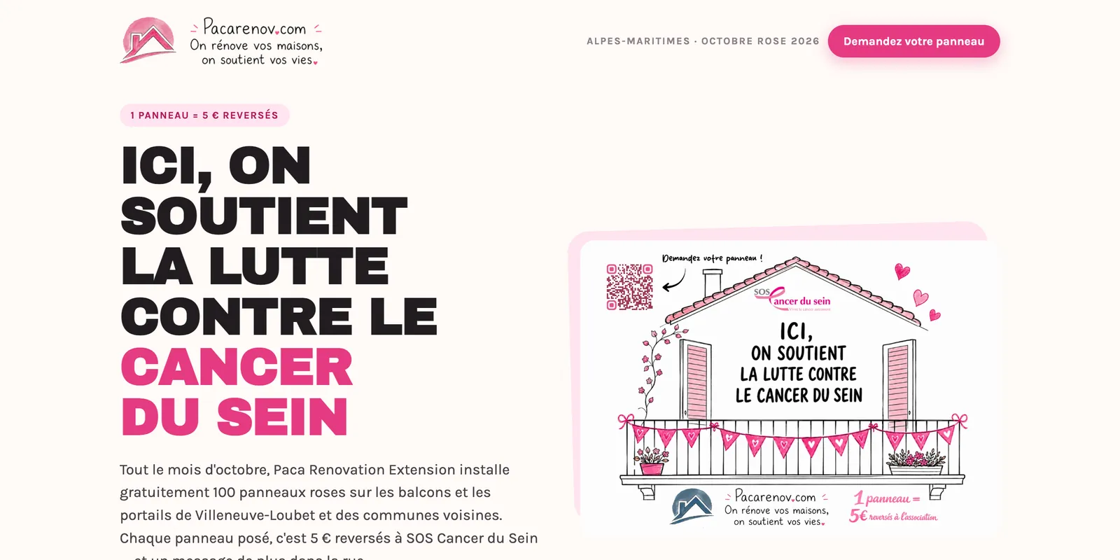 Page d'accueil du site Octobre Rose : « Ici, on soutient la lutte contre le cancer du sein », avec l'affiche du panneau