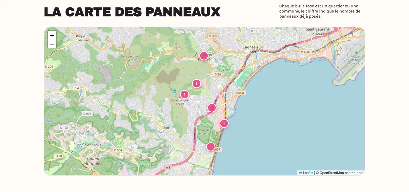 La carte des panneaux : des bulles roses sur Villeneuve-Loubet et les communes voisines