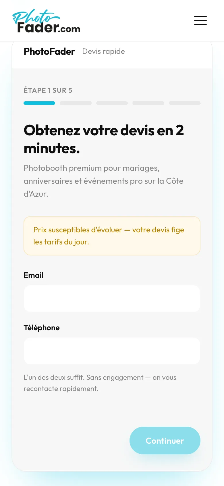 Le devis en ligne PhotoFader sur un téléphone : obtenez votre devis en 2 minutes