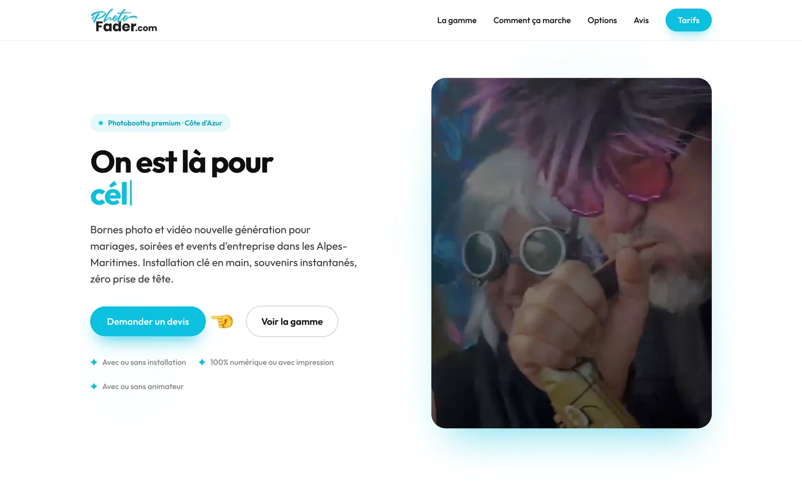 Accueil de photofader.com : « On est là pour s'éclater », avec une vidéo de borne photo en action