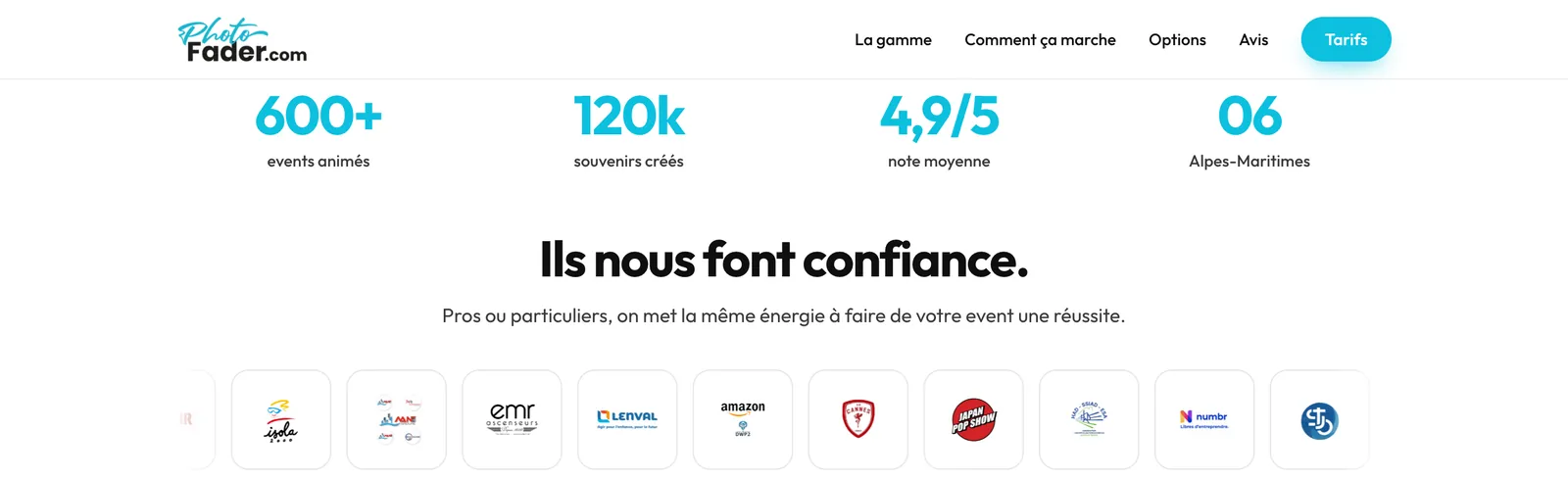 Compteurs : 600+ événements, 120k souvenirs, 4,9/5, et carrousel « Ils nous font confiance »