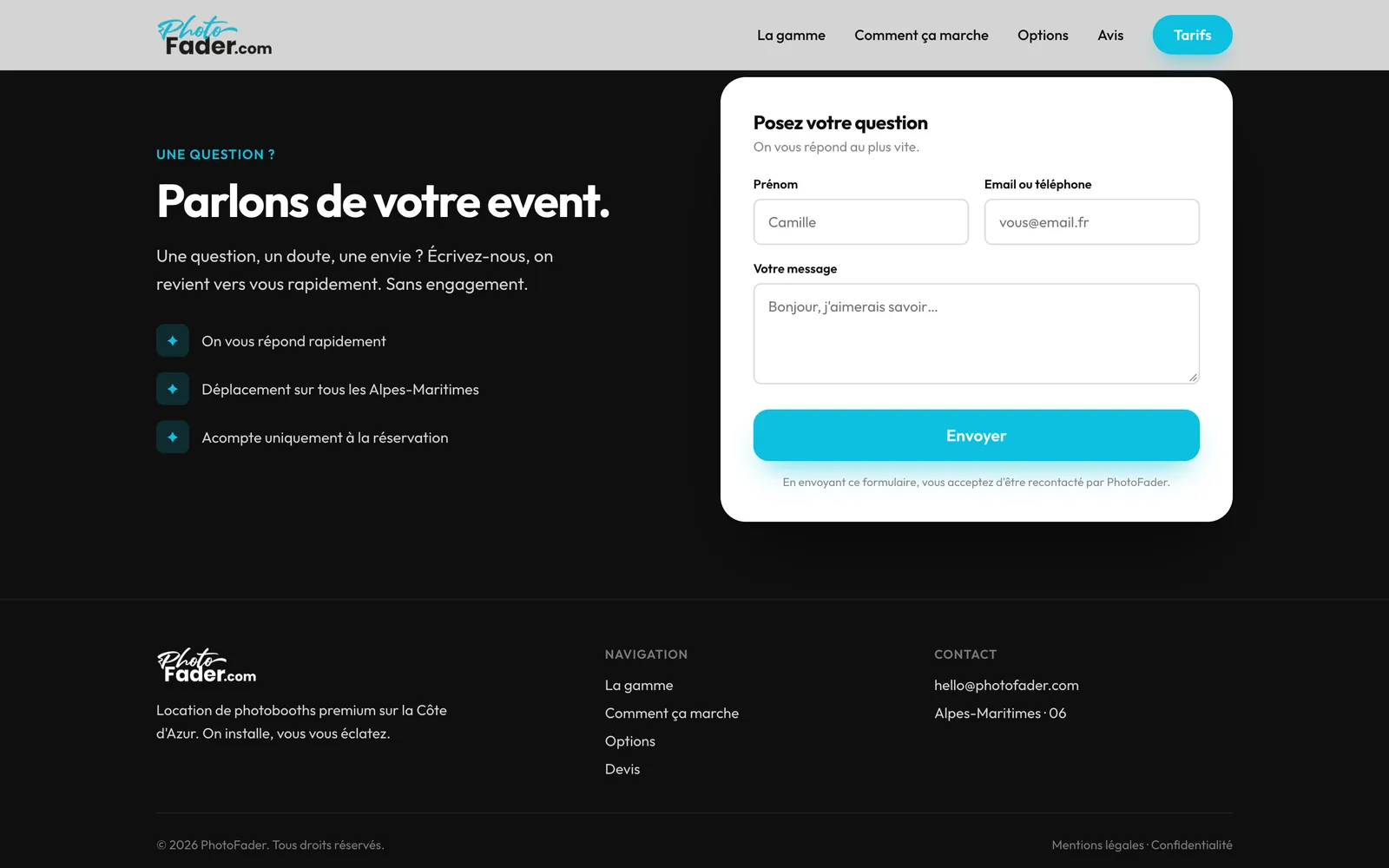 Section contact « Parlons de votre event » et pied de page