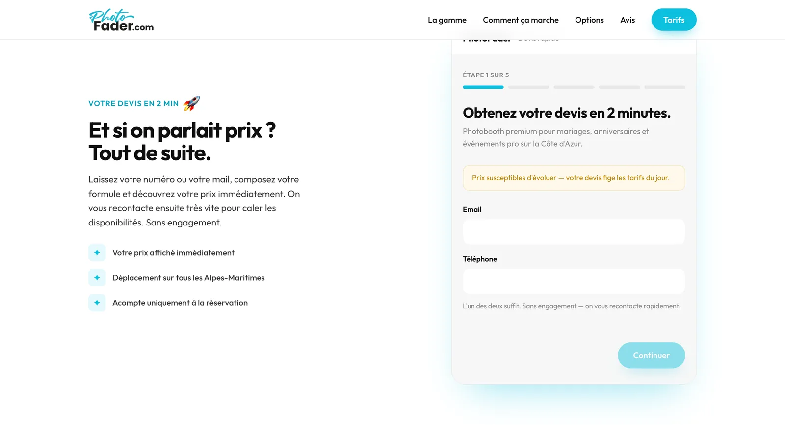 Section devis : « Et si on parlait prix ? Tout de suite. » avec le module de devis en deux minutes