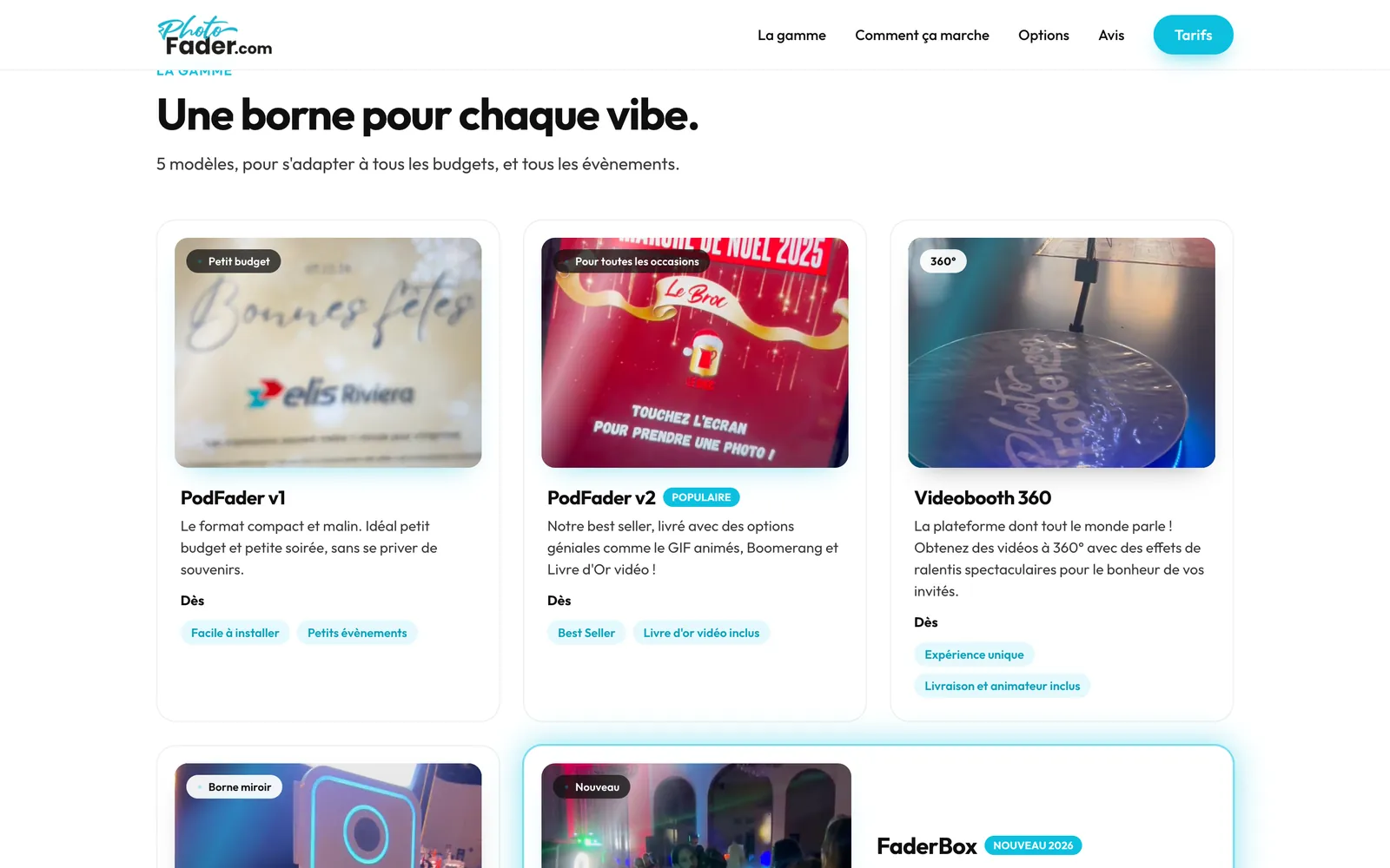 Section « Une borne pour chaque vibe » : PodFader v1, PodFader v2 et Videobooth 360