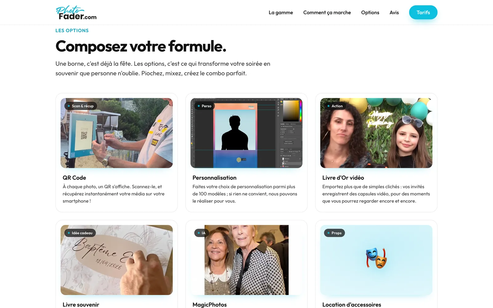 Section « Composez votre formule » : les options QR Code, Personnalisation, Livre d'Or vidéo, Livre souvenir, MagicPhotos et accessoires