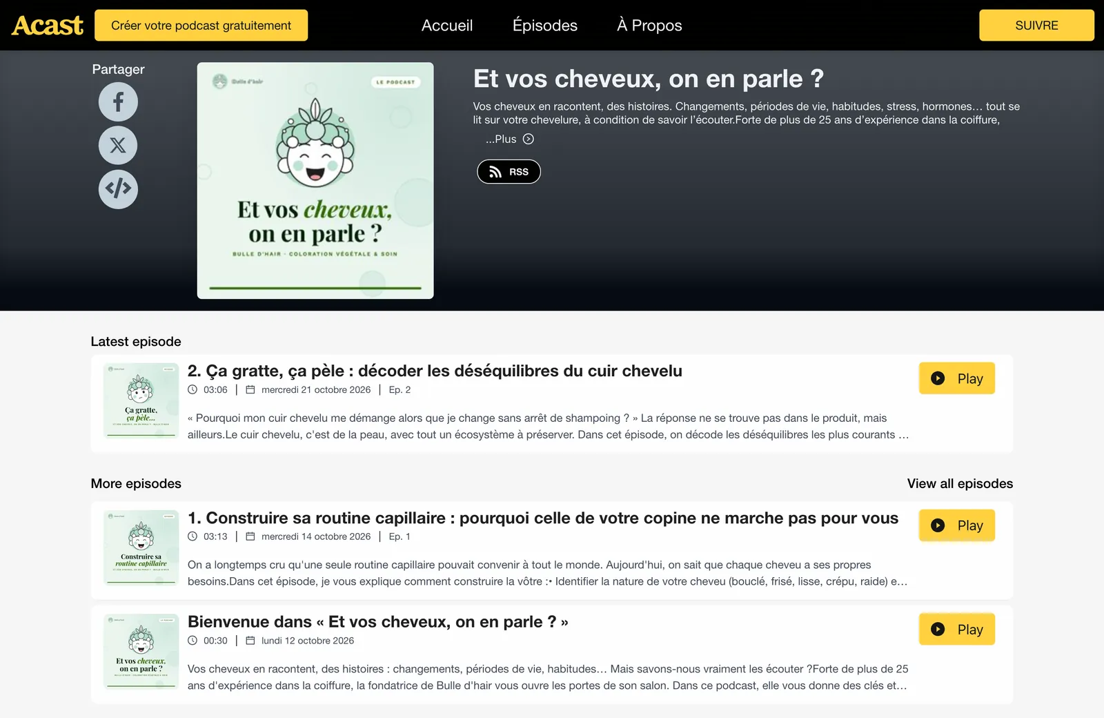 La page du podcast Et vos cheveux, on en parle ? sur Acast, avec la bande-annonce et les deux premiers épisodes
